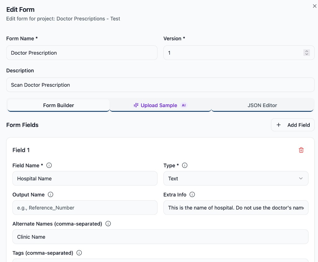 Form builder for custom document extraction schemas
