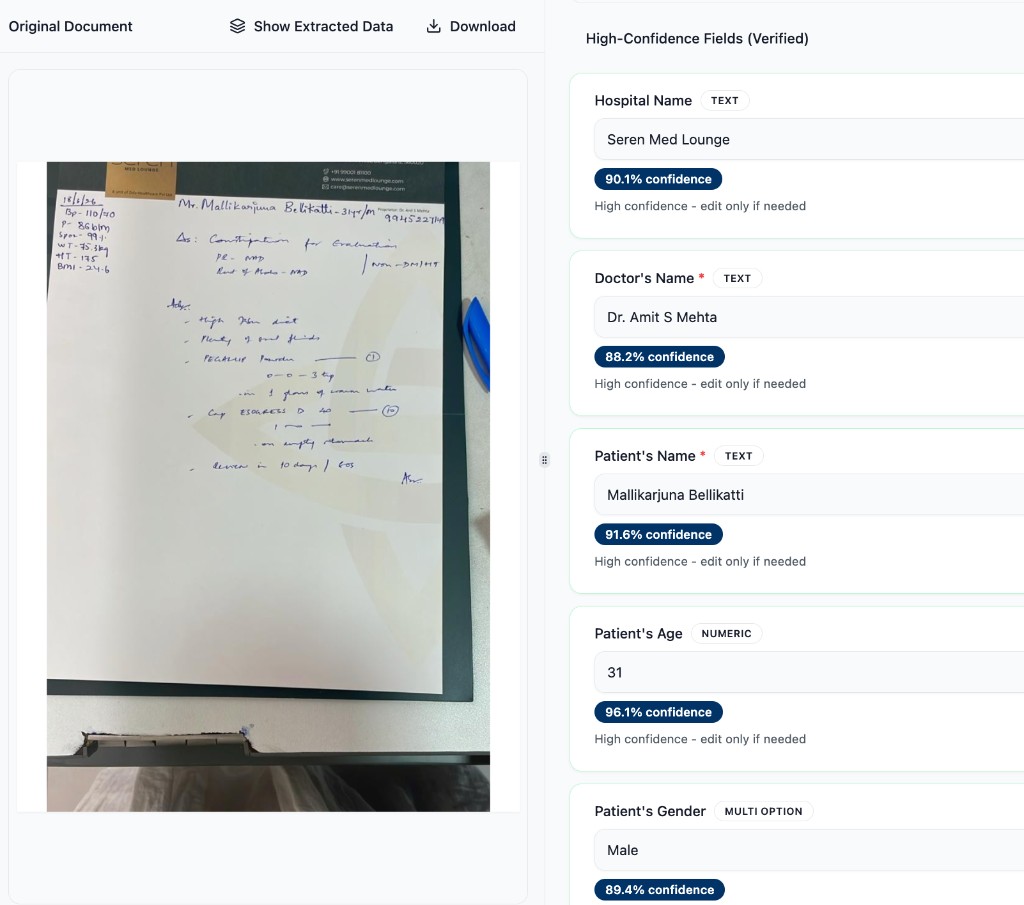 Side-by-side handwritten document and high-confidence structured fields